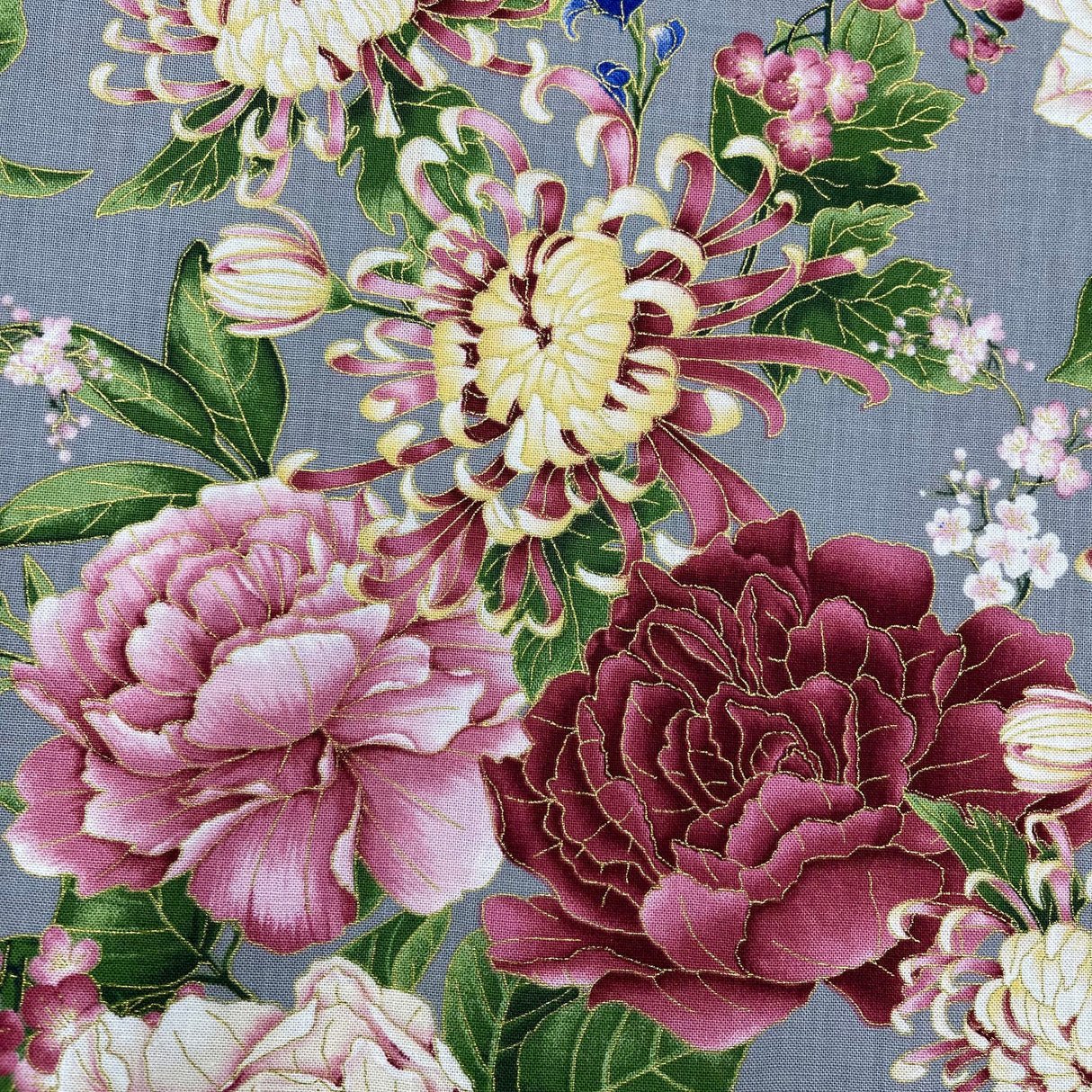 Floral fabric Sakura Japanese Geisha, Chong a Hwang, Timeless Treasures CM6158GREY