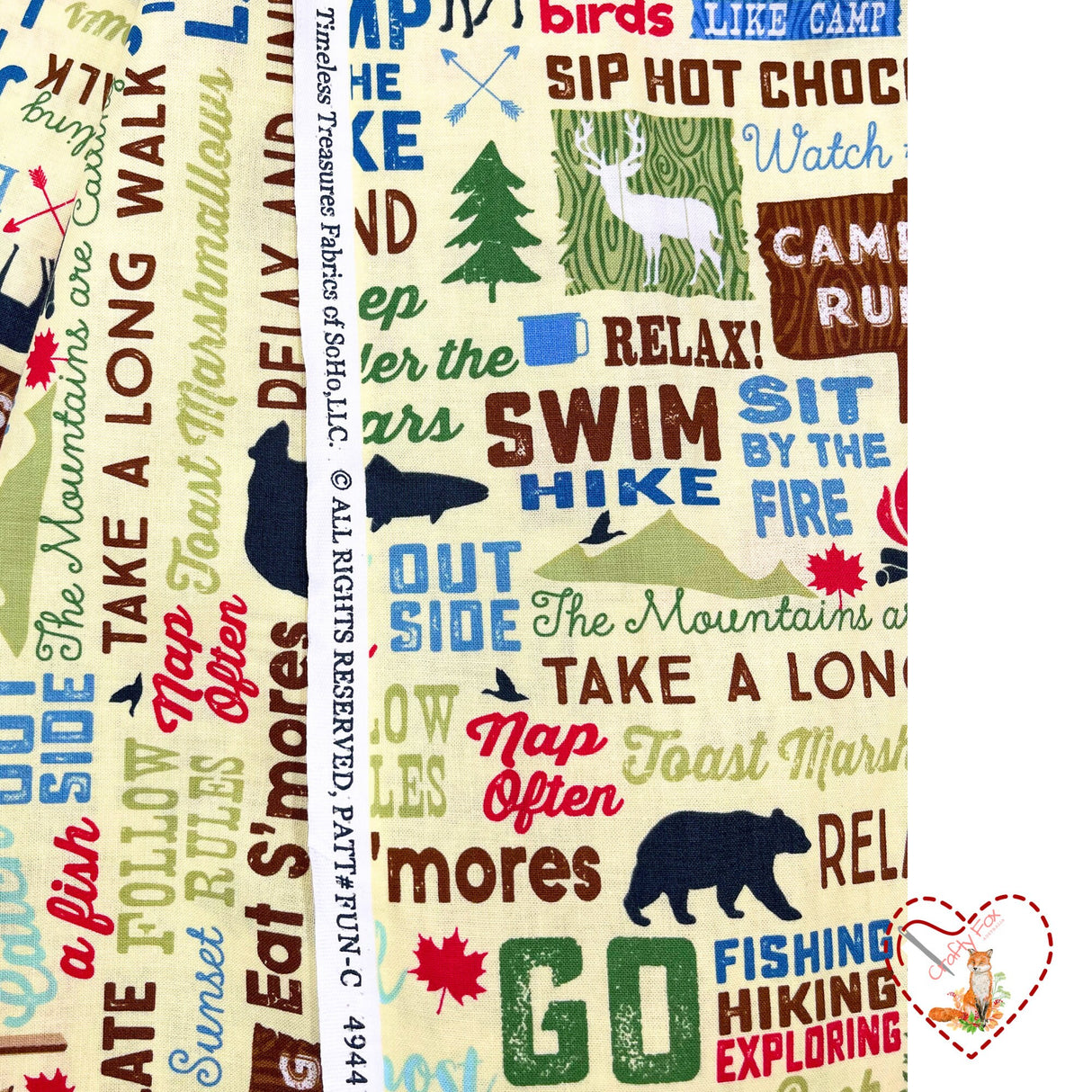 Camping Words, Text words, Rare fabric, OOP, Cotton Quilting Fabric, Timeless Treasures TT-C4944 FunStraw