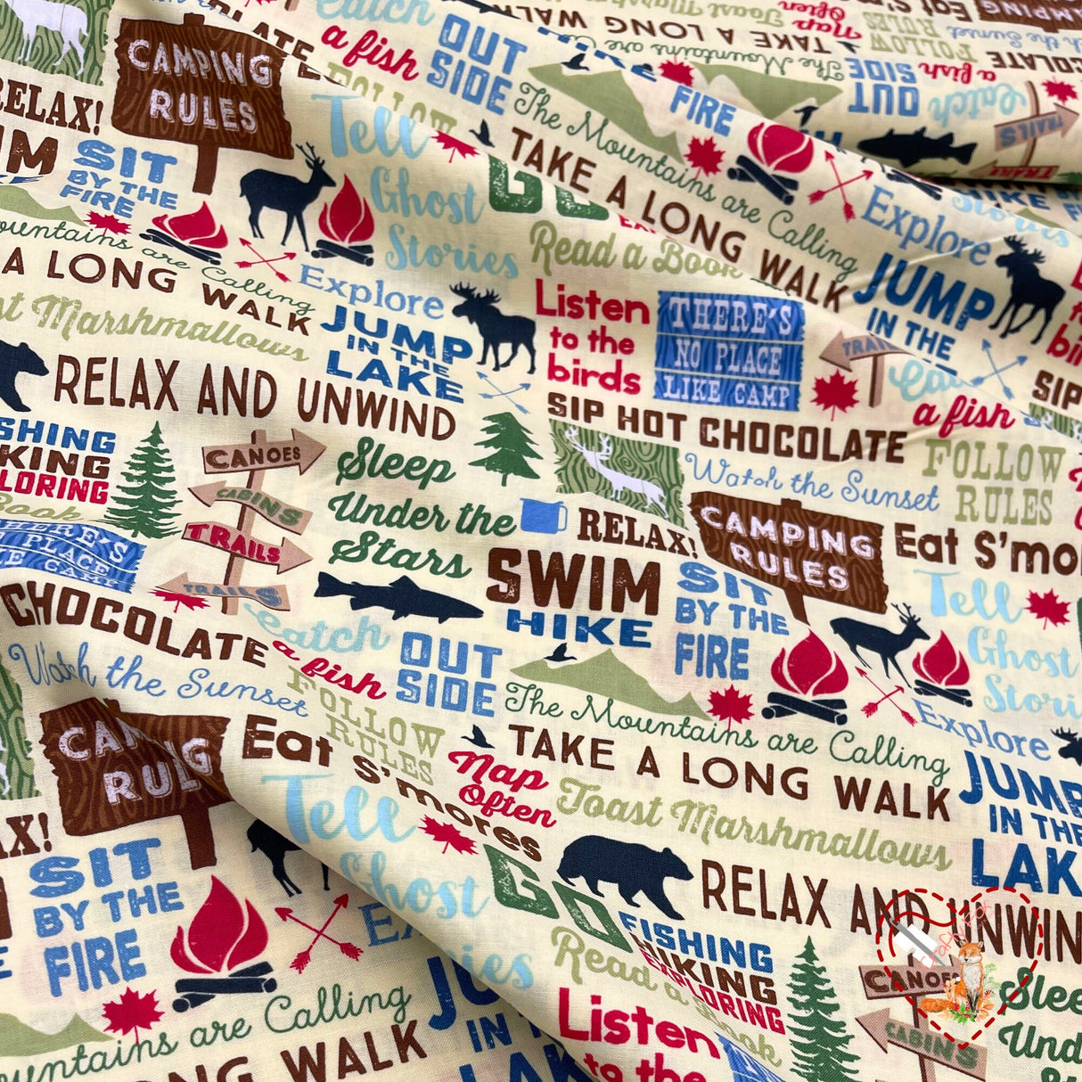 Camping Words, Text words, Rare fabric, OOP, Cotton Quilting Fabric, Timeless Treasures TT-C4944 FunStraw