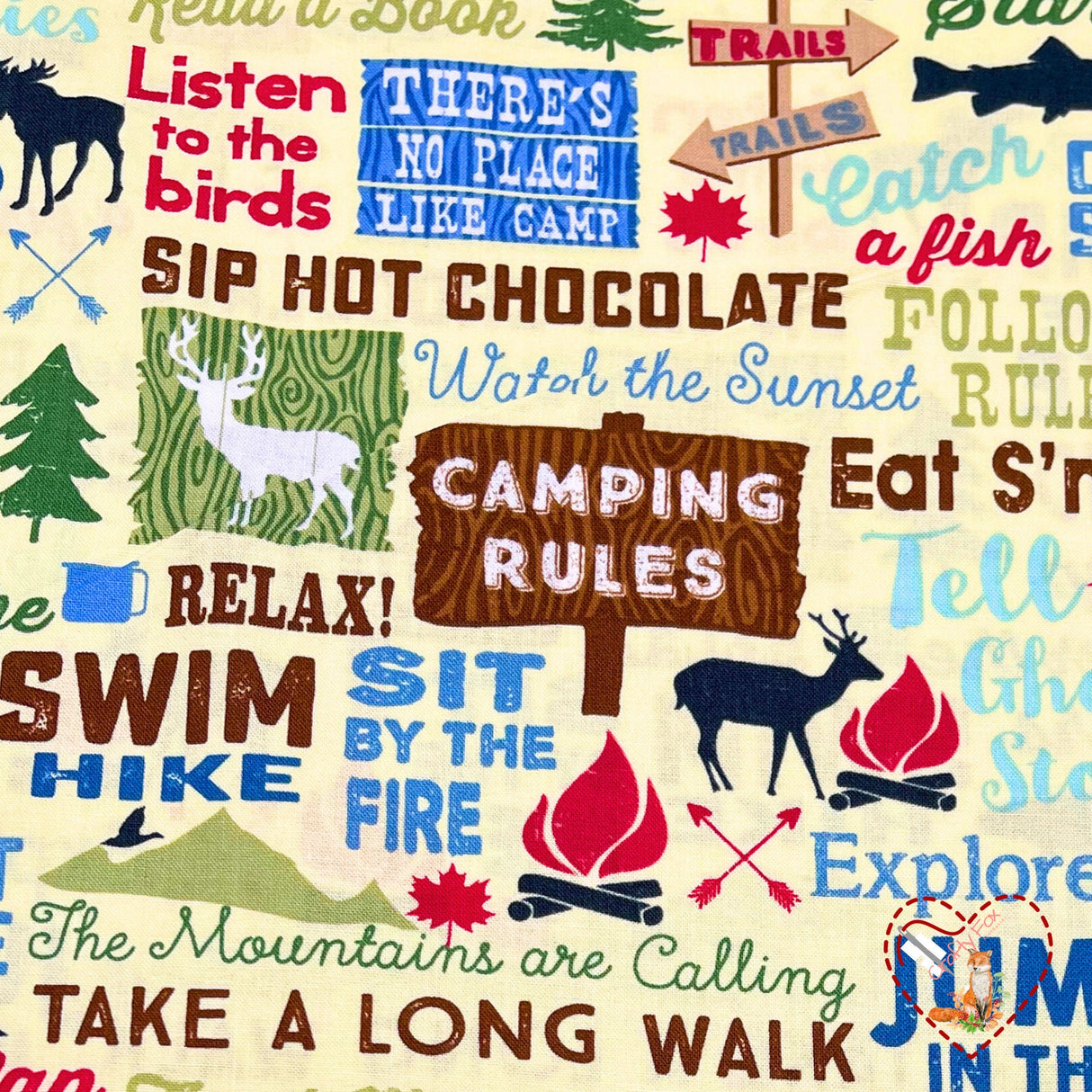 Camping Words, Text words, Rare fabric, OOP, Cotton Quilting Fabric, Timeless Treasures TT-C4944 FunStraw