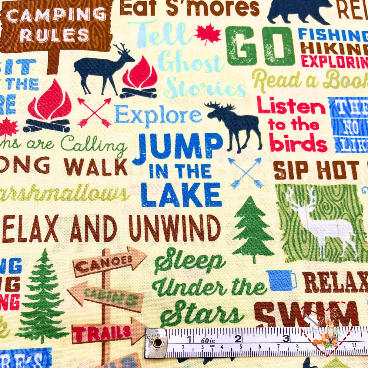 Camping Words, Text words, Rare fabric, OOP, Cotton Quilting Fabric, Timeless Treasures TT-C4944 FunStraw