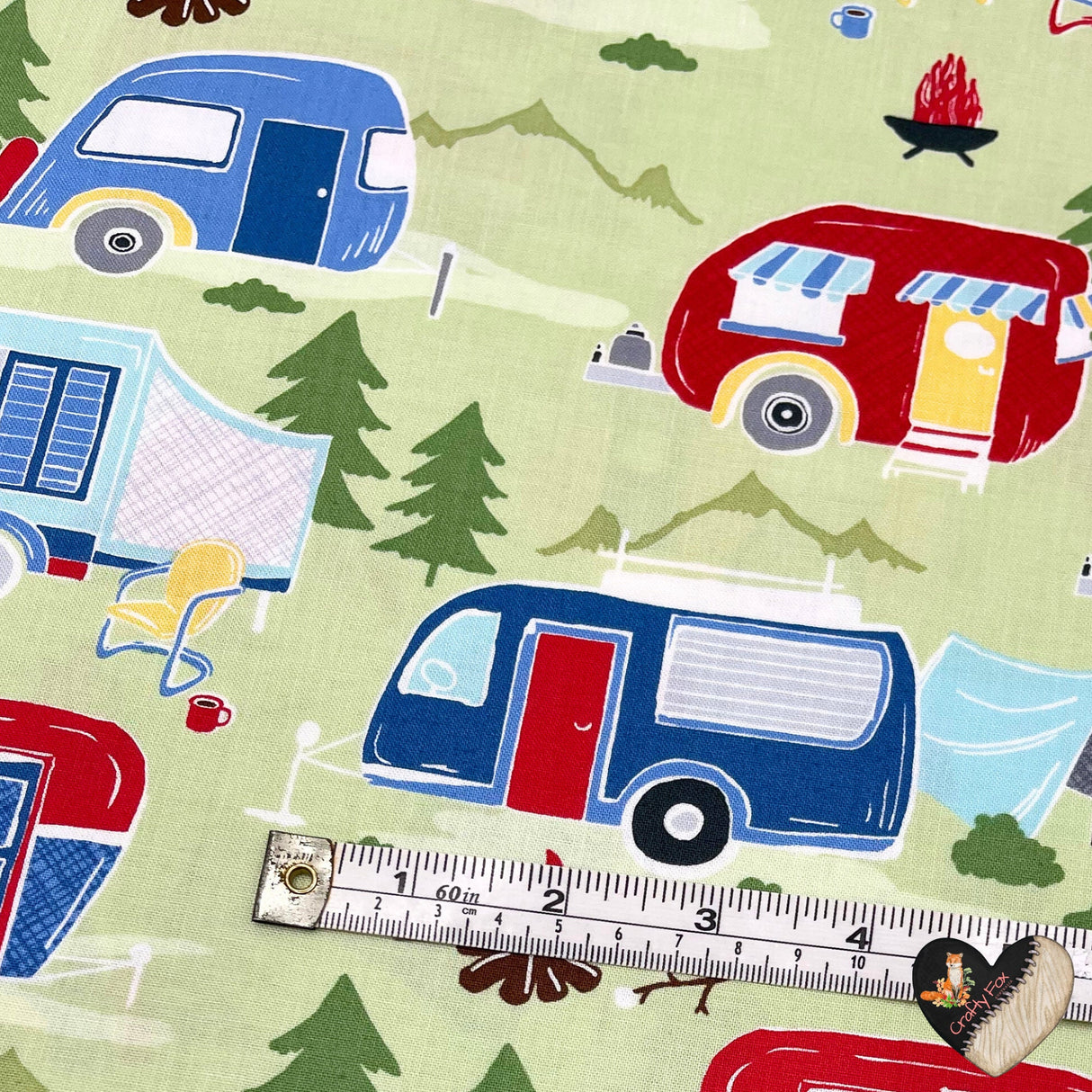 Vintage Campers, Travel trailers, Camping Vehicles, Caravans, Quilting, Cotton fabric TT-C4943Green