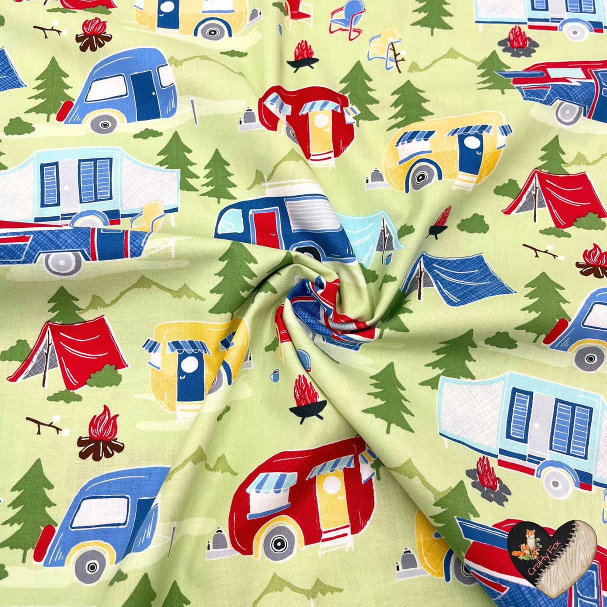 Vintage Campers, Travel trailers, Camping Vehicles, Caravans, Quilting, Cotton fabric TT-C4943Green