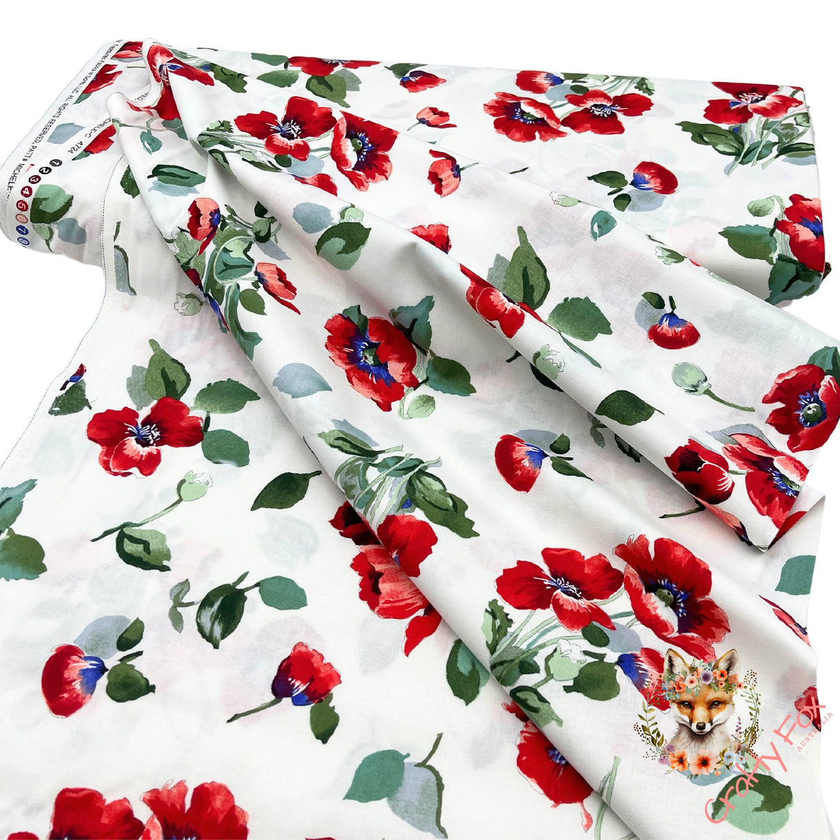 Fresh Cut Poppies, Floral fabric, Cotton Quilting, by Michelle D'Amore, Timeless Treasures TT4724.white