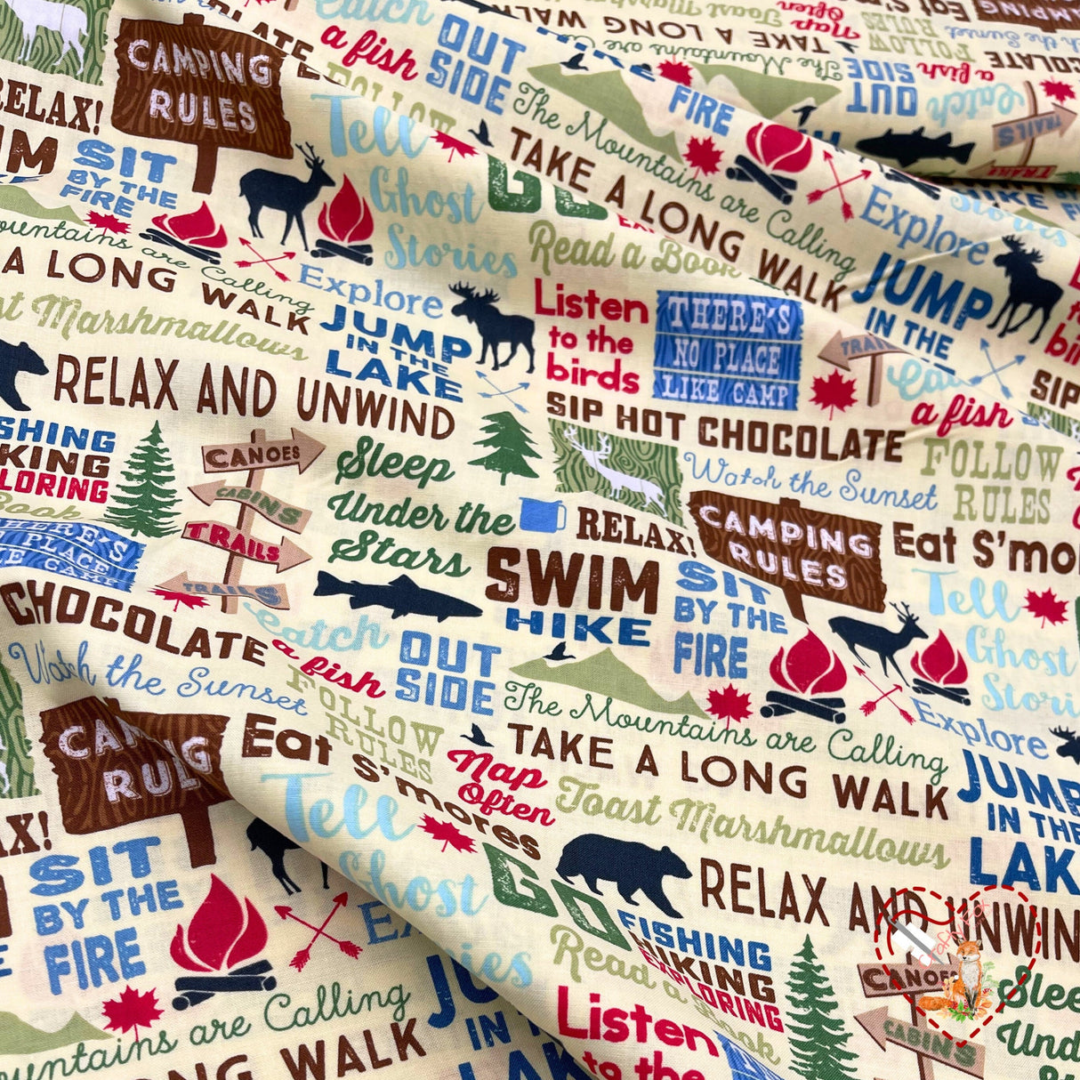 Camping Words, Text words, Rare fabric, OOP, Cotton Quilting Fabric, Timeless Treasures TT-C4944 FunStraw
