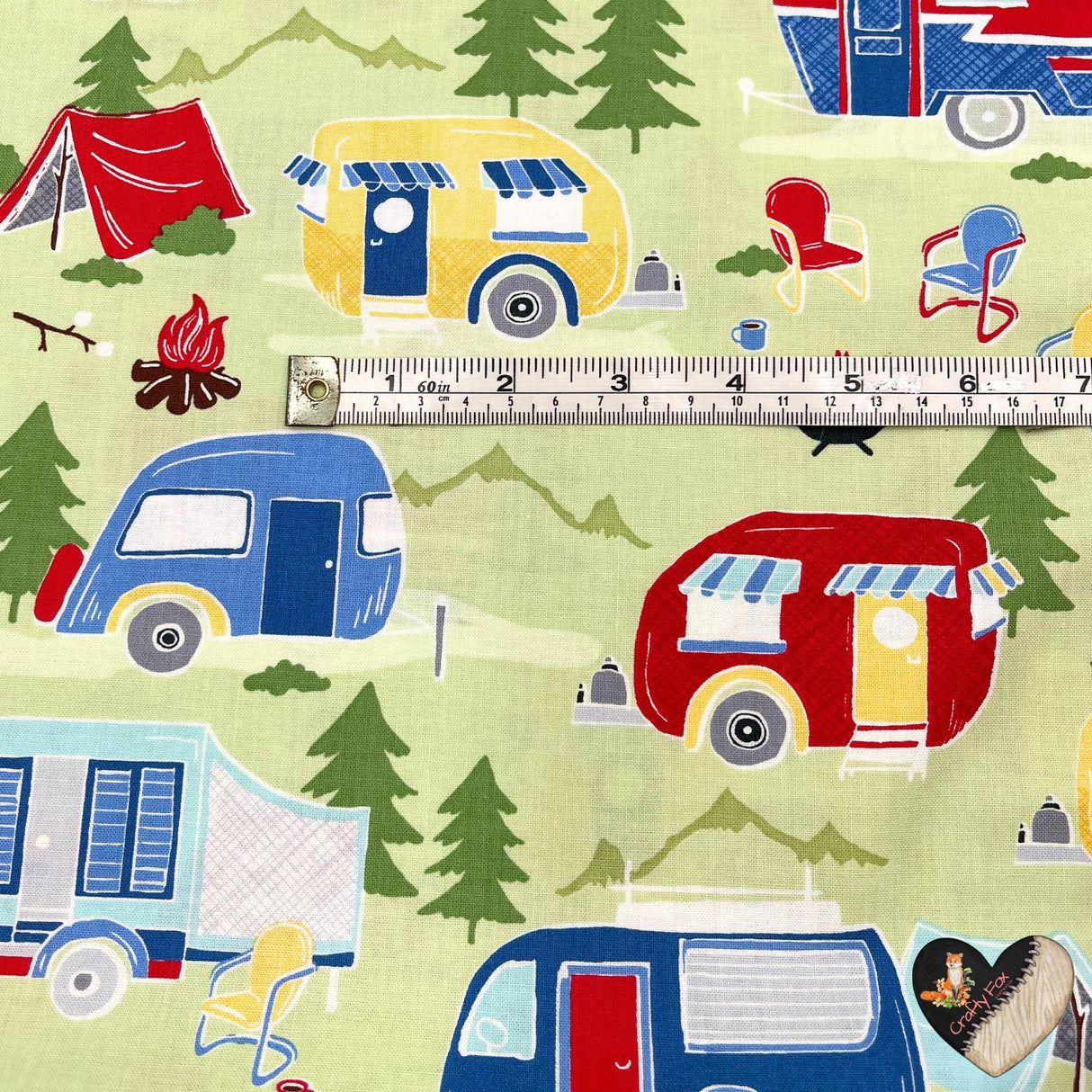 Vintage Campers, Travel trailers, Camping Vehicles, Caravans, Quilting, Cotton fabric TT-C4943Green