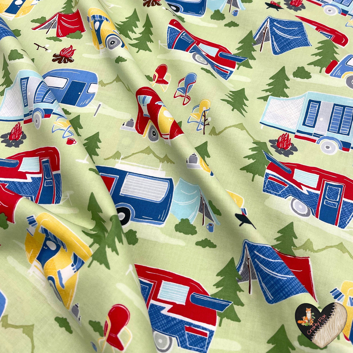 Vintage Campers, Travel trailers, Camping Vehicles, Caravans, Quilting, Cotton fabric TT-C4943Green