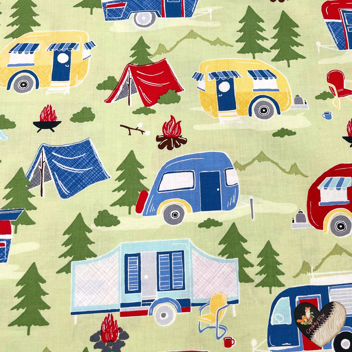 Vintage Campers, Travel trailers, Camping Vehicles, Caravans, Quilting, Cotton fabric TT-C4943Green
