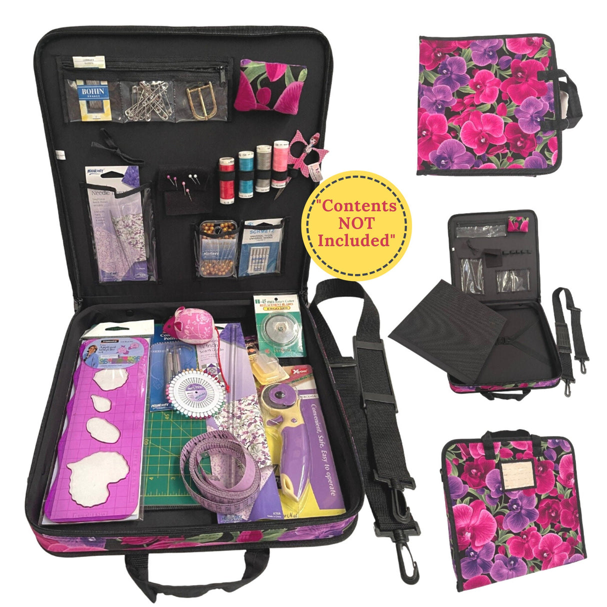 Craft and Quilting Organiser, Berry, Magenta Orchids fabric, Carry tote