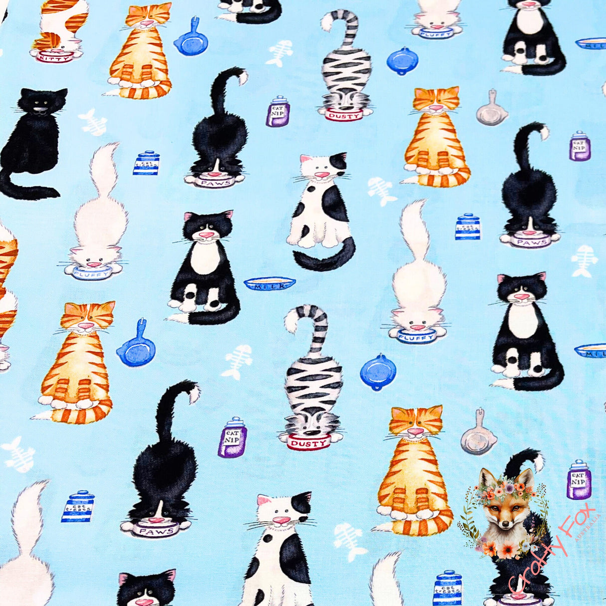 Cats Meow fabric, Animals, Cat fabric, Stacked cats Blue, Cotton, Quilting, Henry Glass HG1141.11