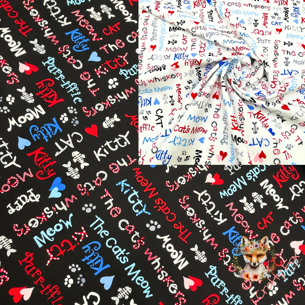 Cats Meow fabric, Animal Words, Cat fabric, Cotton, Quilting, Henry Glass HG1145