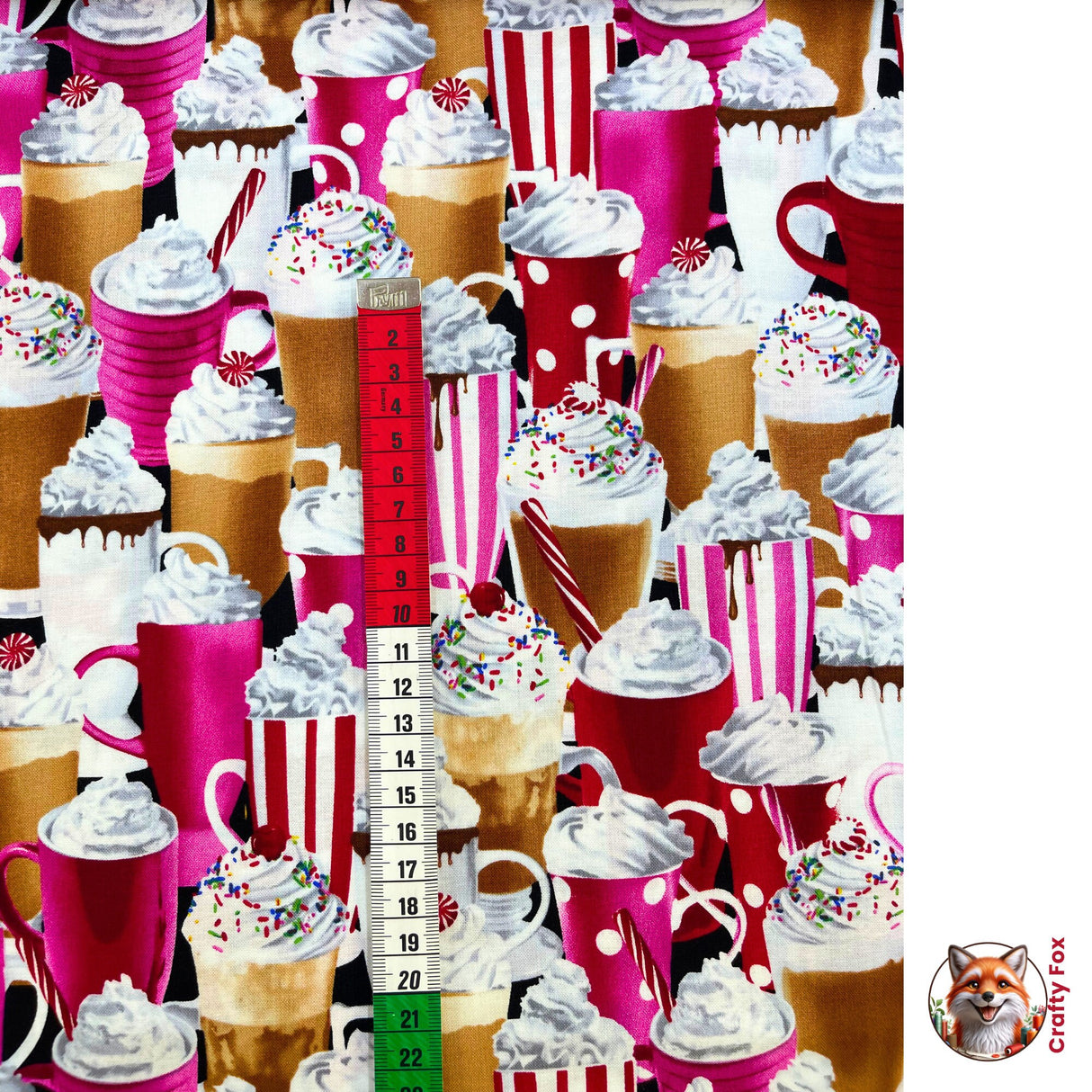 Measuring tape vertical to show Milkshakes, Hot Chocolate, whipped cream fabric, Quilting Cotton Fabrics, Timeless Treasures TT-C9621.Food
