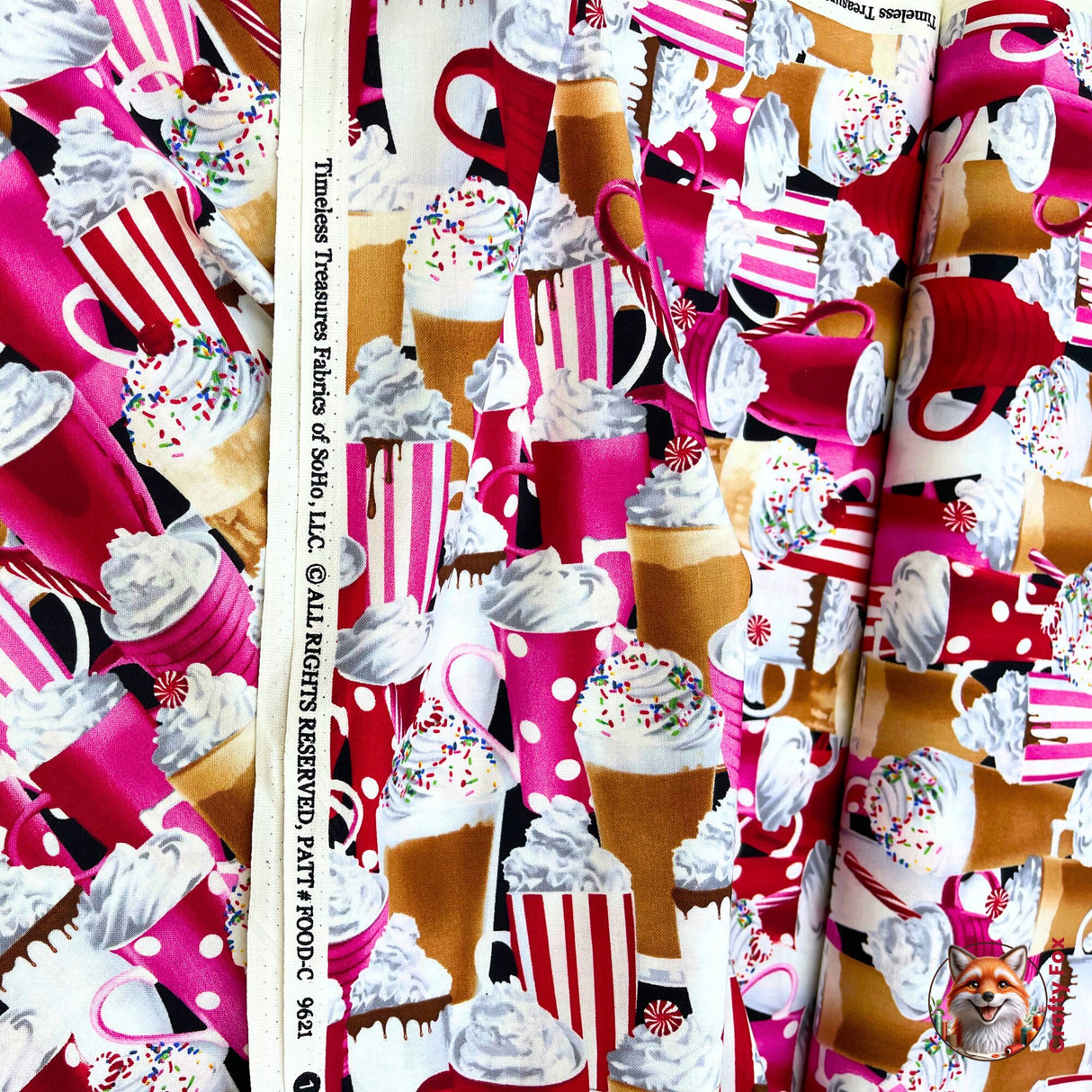 Manufactureres strip acknowleding Milkshakes, Hot Chocolate, whipped cream fabric, Quilting Cotton Fabrics, Timeless Treasures TT-C9621.Food