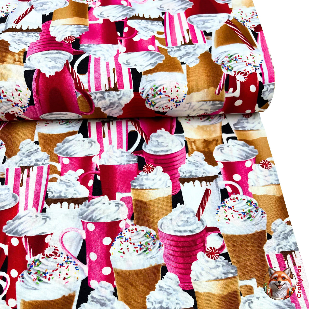 Milkshakes, Hot Chocolate, whipped cream fabric, Quilting Cotton Fabrics, Timeless Treasures TT-C9621.Food