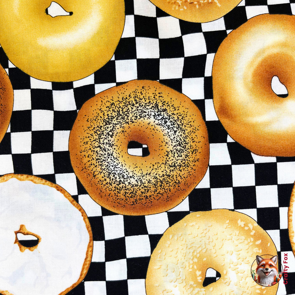 Poppyseed Bagels fabric, surrounded with other bagels, category for Food Drink, this is a Quilting, Cotton, Novelty Fabric, by Timeless Treasures Fabrics - Fabric Code TT-GM.C6003