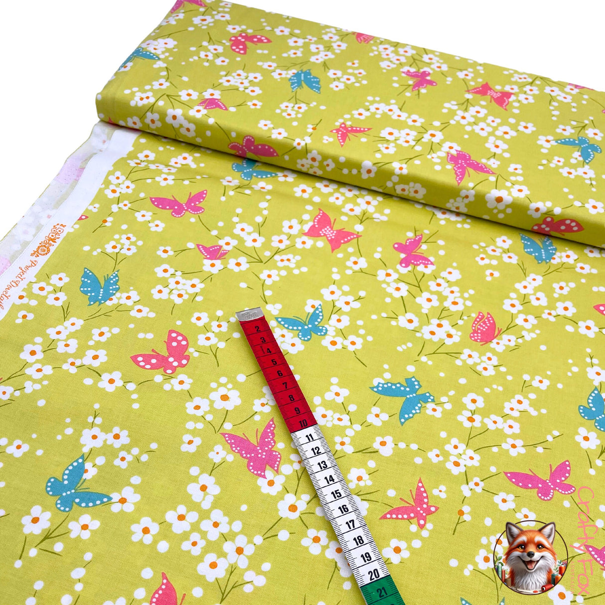 Measuring tape showing a side vertical view of Butterfly Blossom on a lime green background