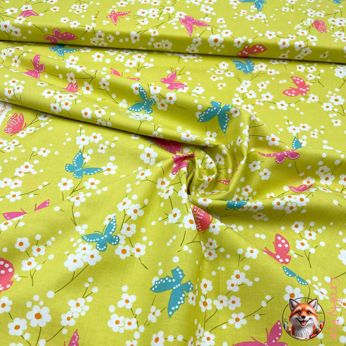 Swirled fabric of Butterfly Blossom showing fabric fall and texture