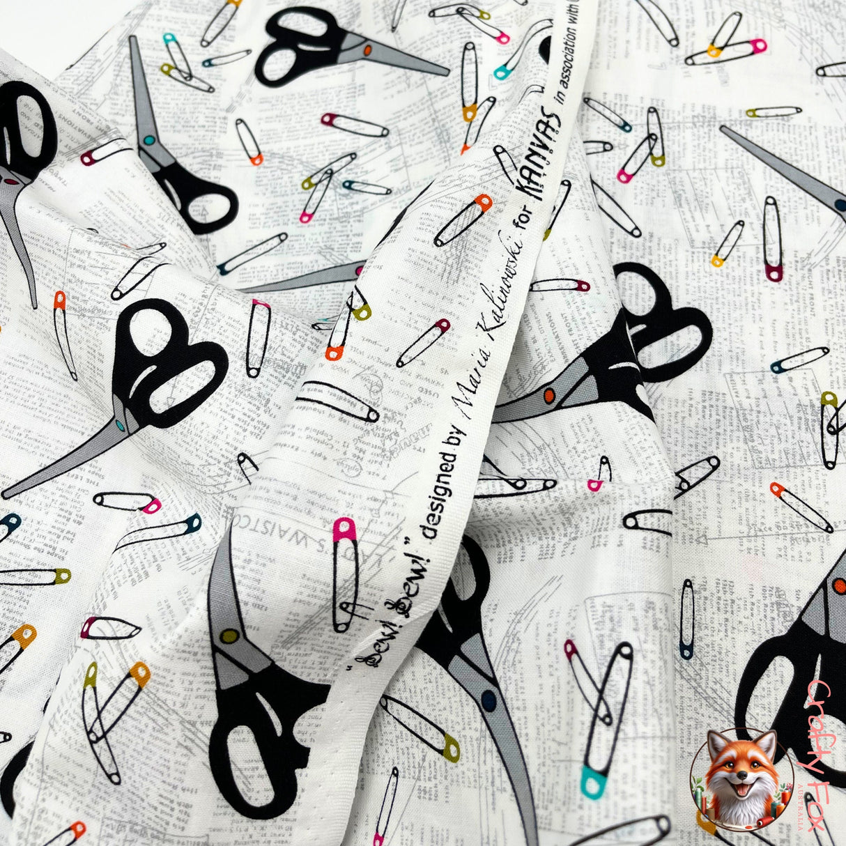 Sew Sew Cotton fabric, selvage listing designer name, also showing Scissors, Safety Pins, dress patterns Benartex BT8475.09