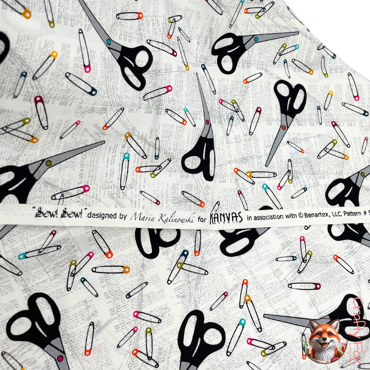 Sew Sew Cotton fabric, Selvage stating name of design, Scissors, Safety Pins, dress patterns Benartex