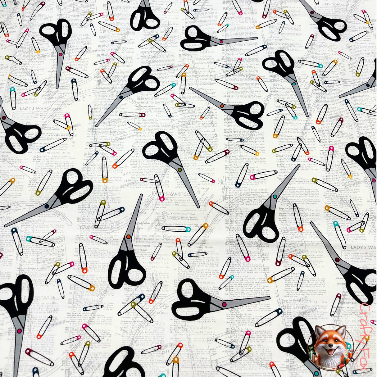 Sew! Sew! Sewing Kit, Black on White, Cotton fabric, Scissors, Benartex BT8475.09
