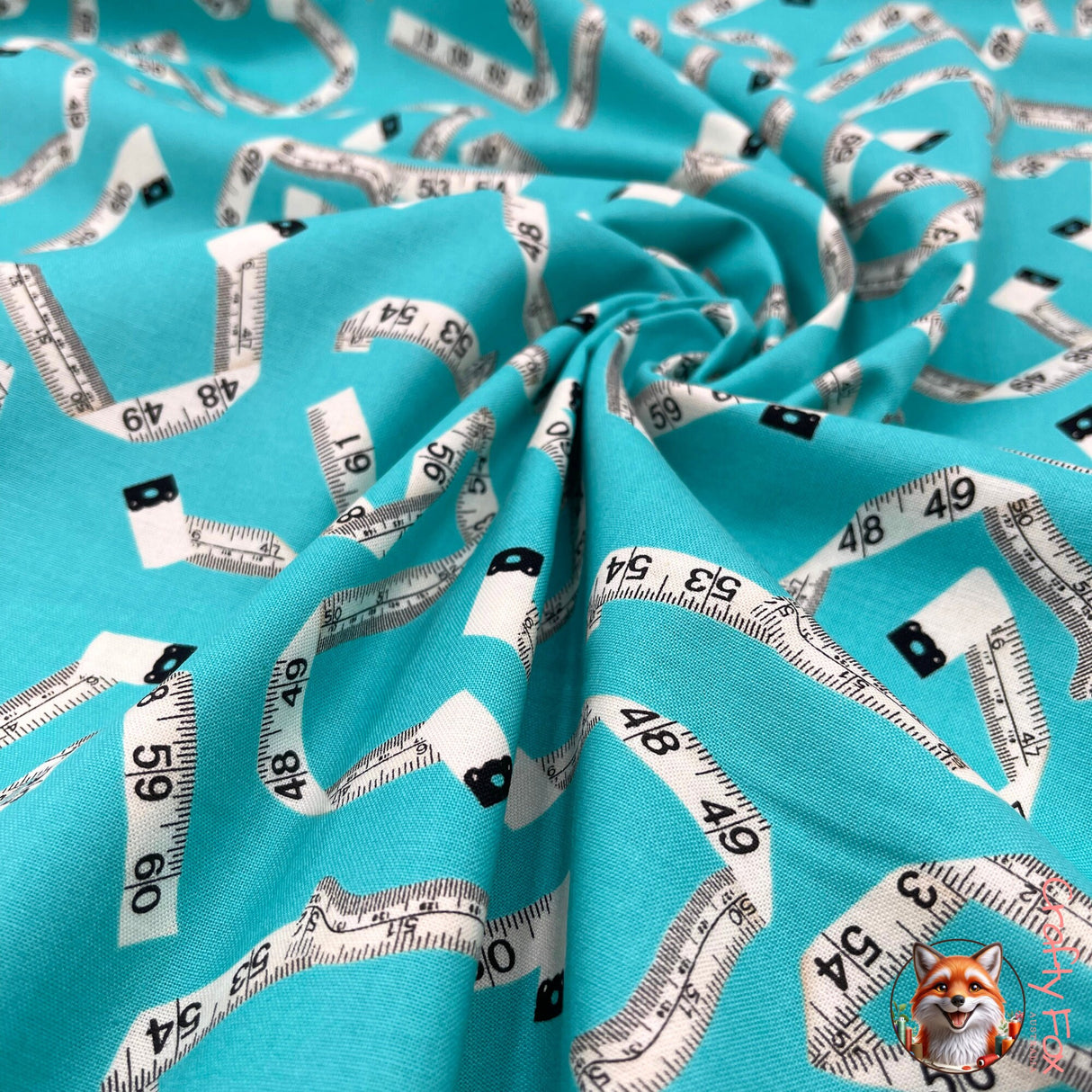 Blue turquoise fabric of Sew! Sew! fabric, TapeMeasures on Cotton fabric, Benartex BT8467.84