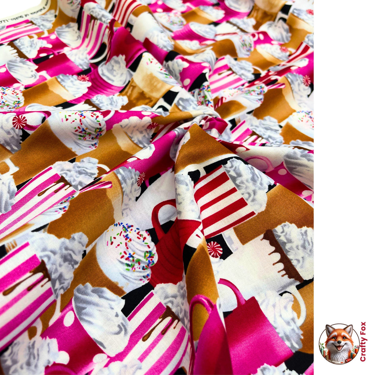 fabric in circle to show the fall of the fabric Milkshakes, Hot Chocolate, whipped cream fabric, Quilting Cotton Fabrics, Timeless Treasures TT-C9621.Food