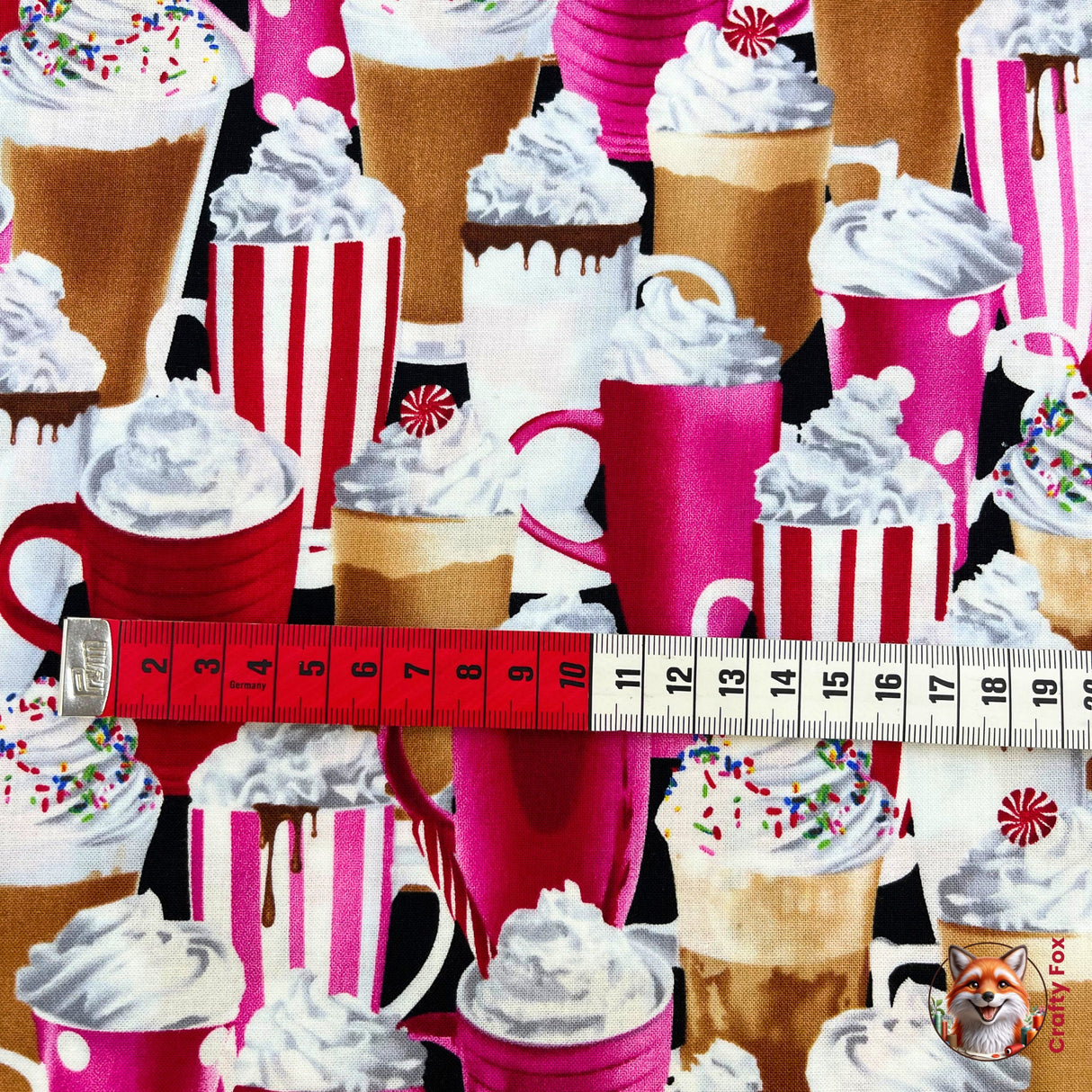 Measuring tape horizontal to show Milkshakes, Hot Chocolate, whipped cream fabric, Quilting Cotton Fabrics, Timeless Treasures TT-C9621.Food