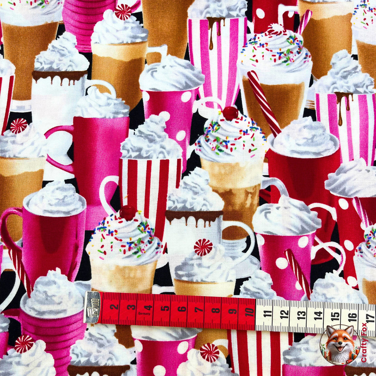 Measuring tape horizontal to show whipped cream fabric, Quilting Cotton Fabrics, Timeless Treasures TT-C9621.Food