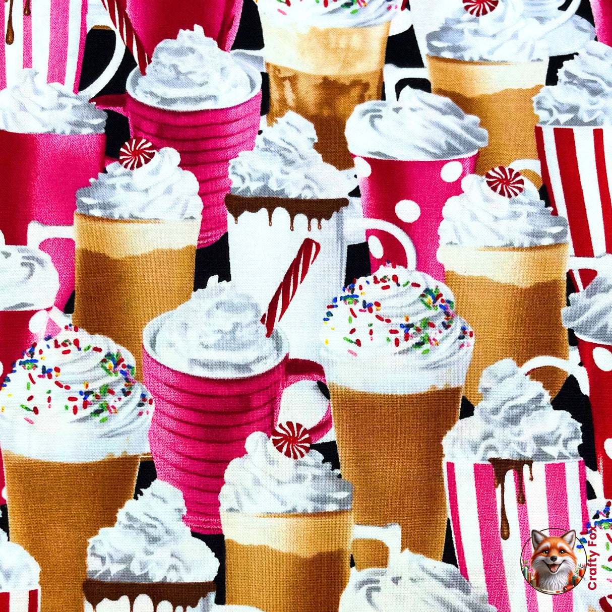 Berry and Chocolate close up of Milkshakes, Hot Chocolate, whipped cream fabric, Quilting Cotton Fabrics, Timeless Treasures TT-C9621.Food