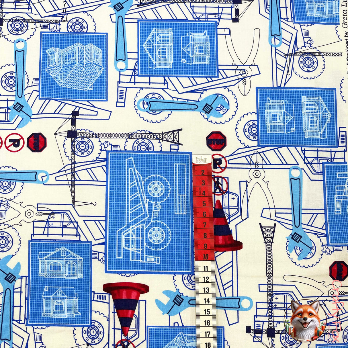 Red tape measure showing size of Truck in Under Construction fabric by Benartex Kanvas BT05891.09