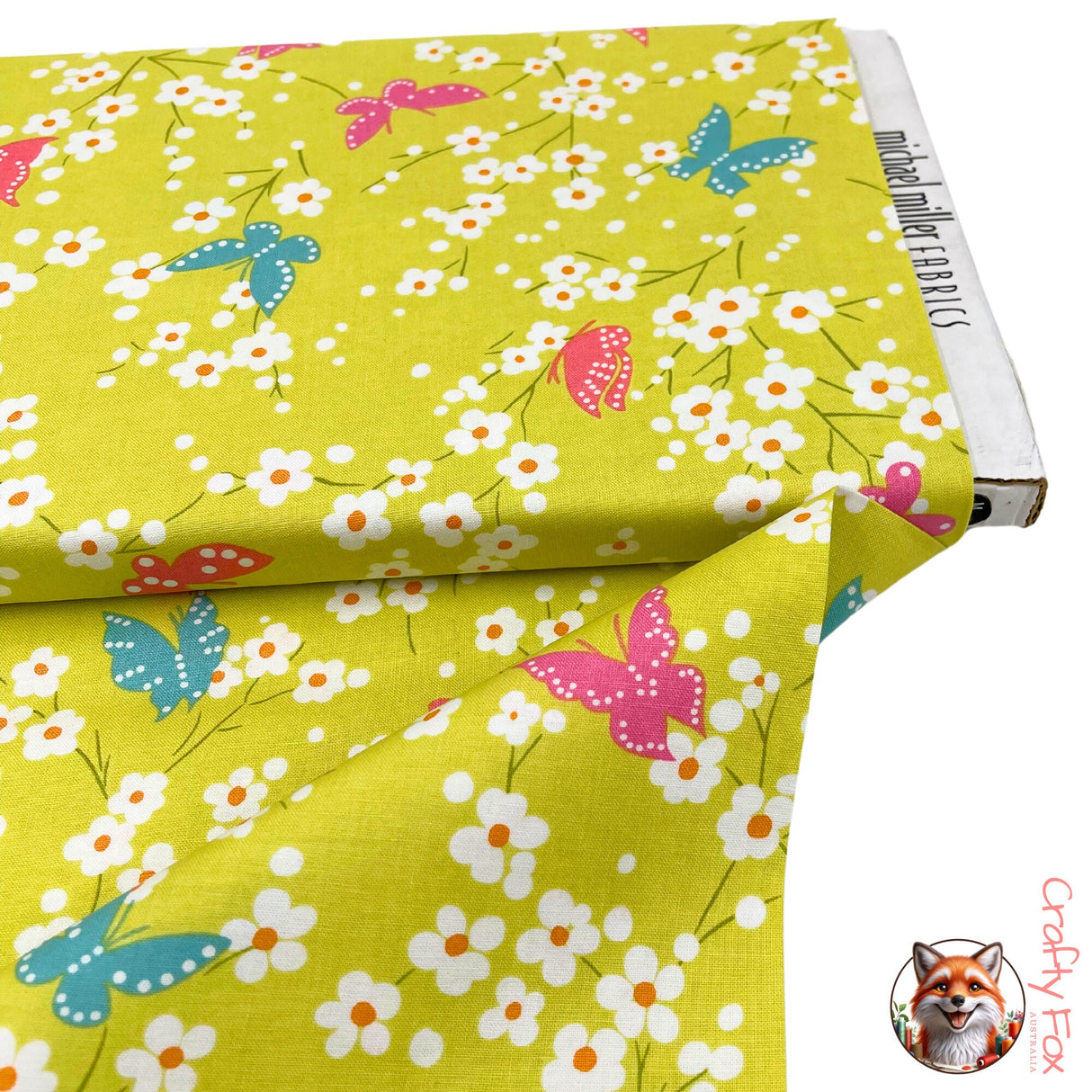 Butterfly Blossom on a lime green background, fabric on board