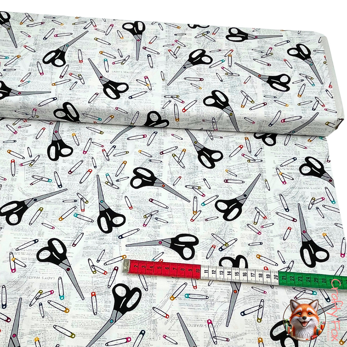 Sew! Sew! Sewing Kit, Black on White, Cotton fabric, Scissors, Benartex BT8475.09