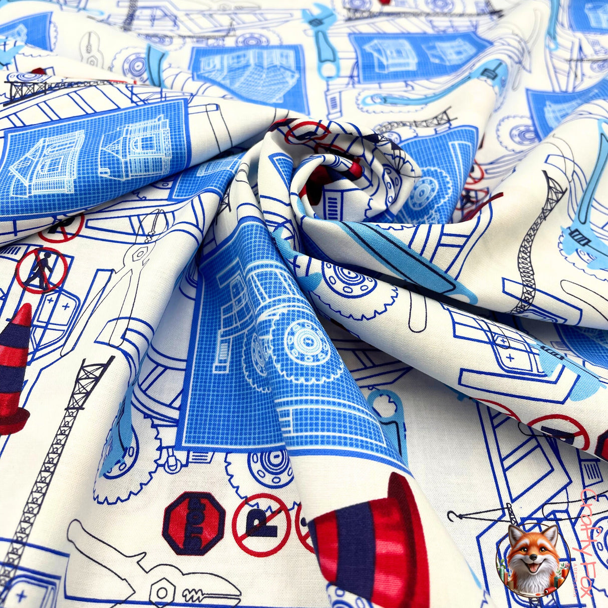 Close-up swirl of Under Construction fabric, rare fabric, Quilting, Blue, Cotton fabric by Benartex Kanvas BT05891.09