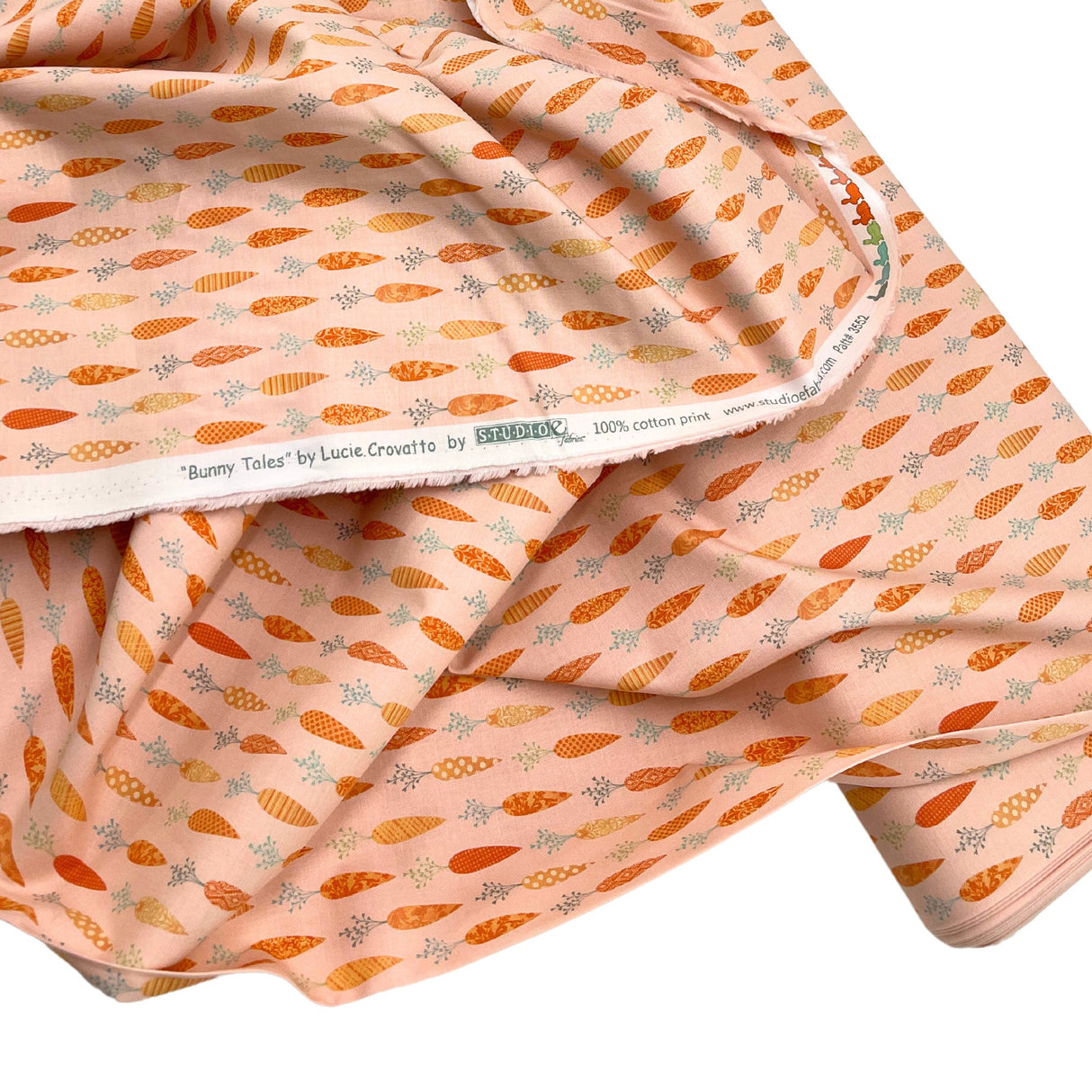 Bunny Tales Fabric with Carrots on Soft Peach - Lucie Crovatto Design