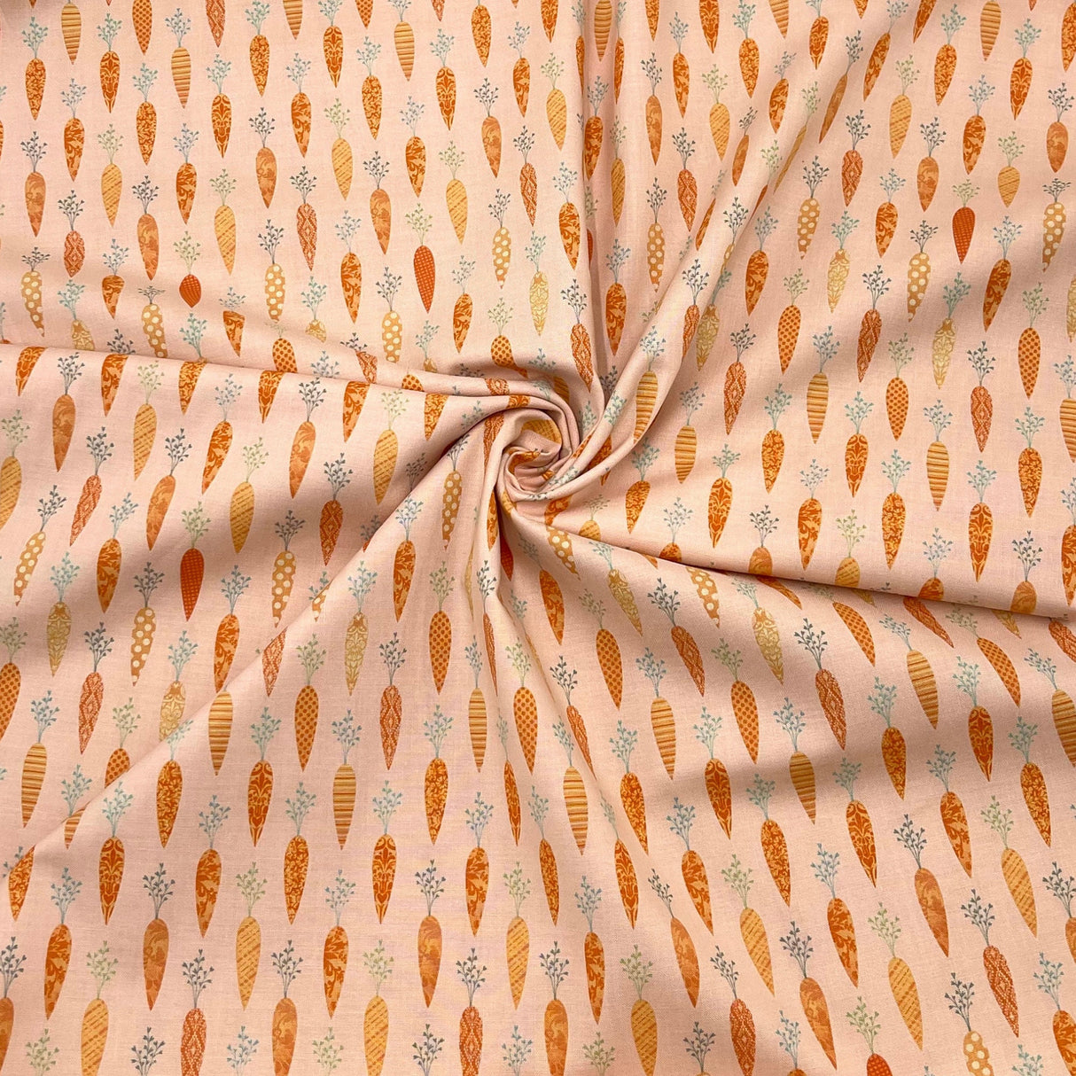 Bunny Tales Fabric with Carrots on Soft Peach - Lucie Crovatto Design