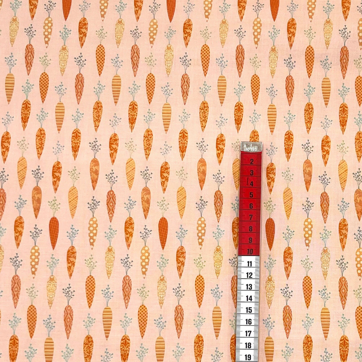 Bunny Tales Fabric with Carrots on Soft Peach - Lucie Crovatto Design