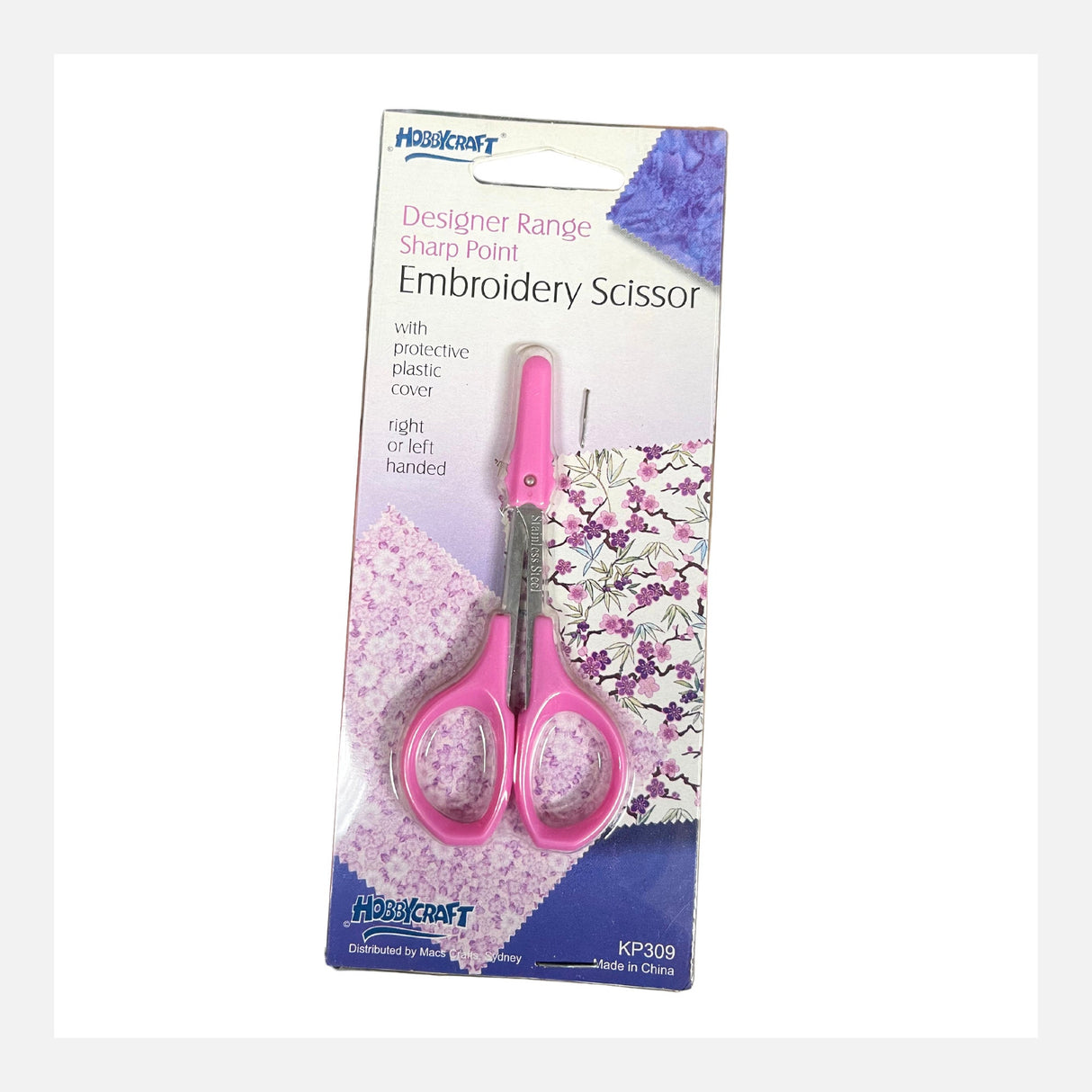 Embroidery Scissor, Pink handle for left or right handed, with protective plastic cover