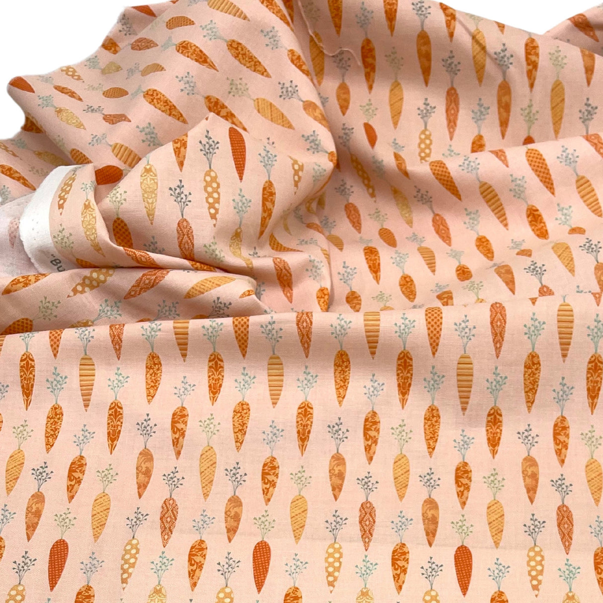 Bunny Tales Fabric with Carrots on Soft Peach - Lucie Crovatto Design