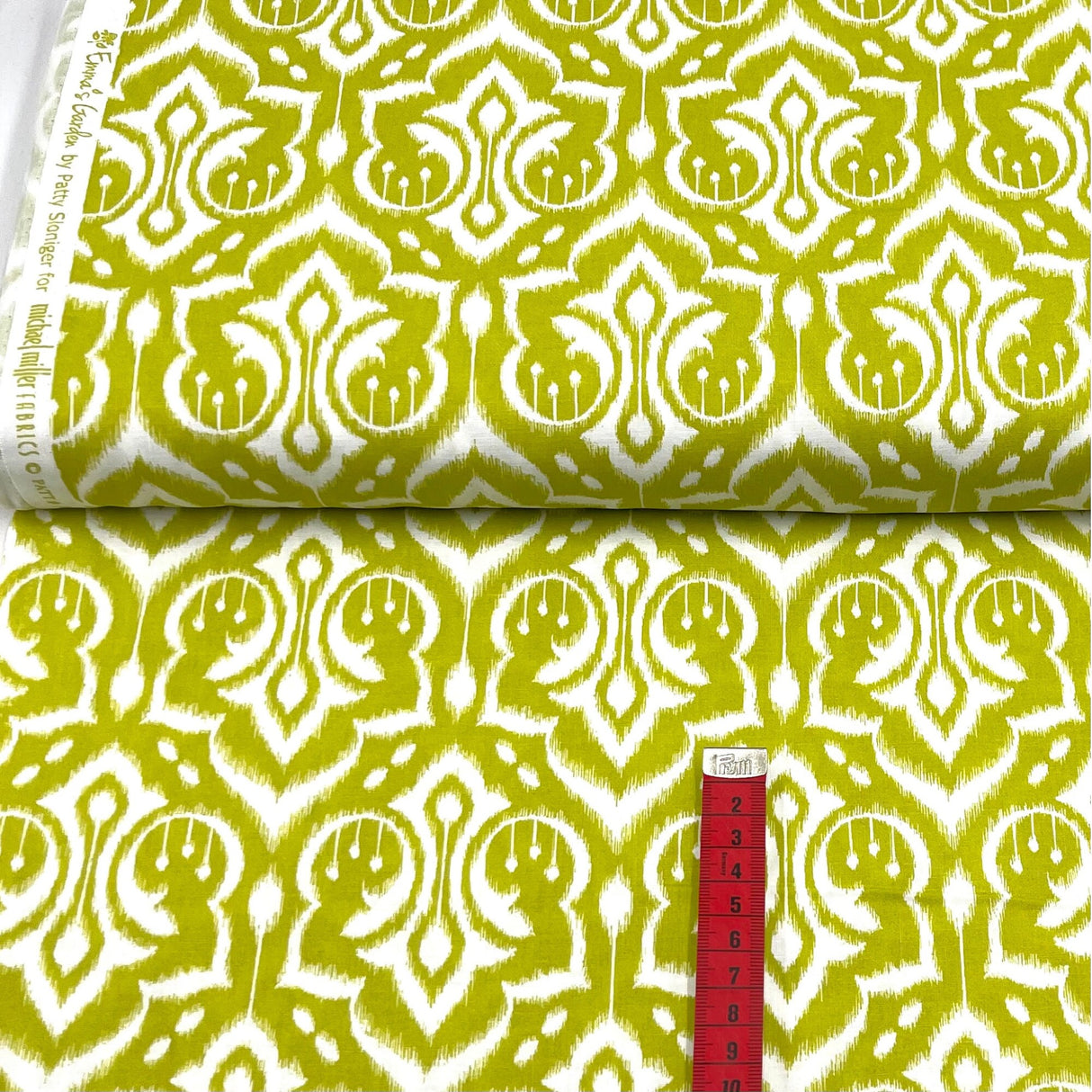 Ikat Damask Fabric, Cotton Quilting, green leaf by Michael Miller MM-PS6450/Leaf