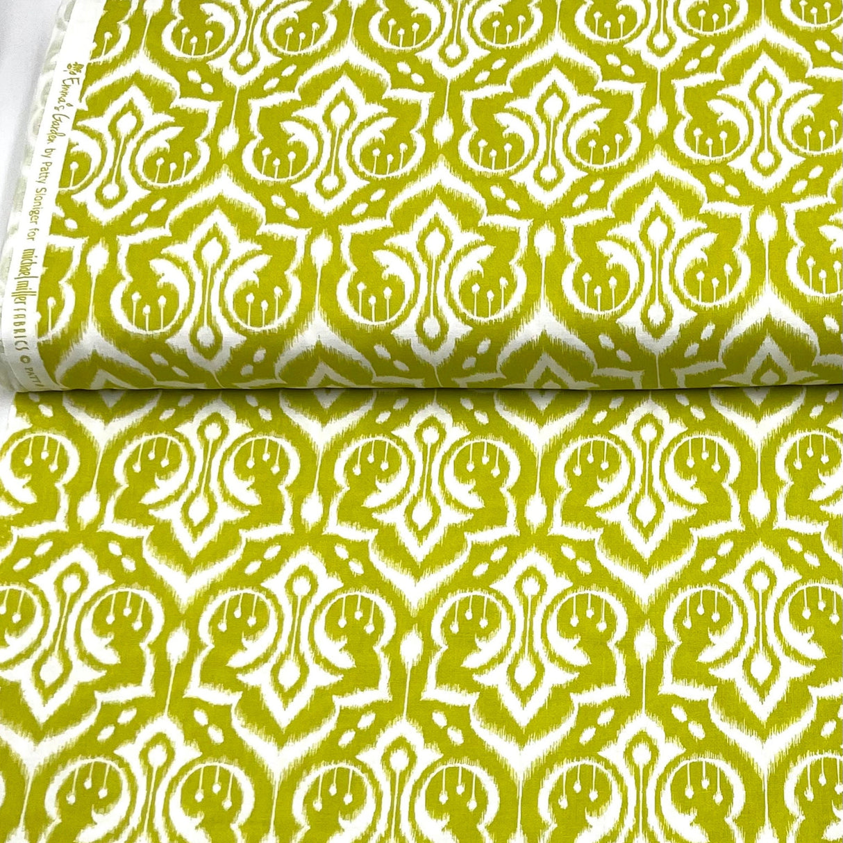 Ikat Damask Fabric, Cotton Quilting, green leaf by Michael Miller MM-PS6450/Leaf