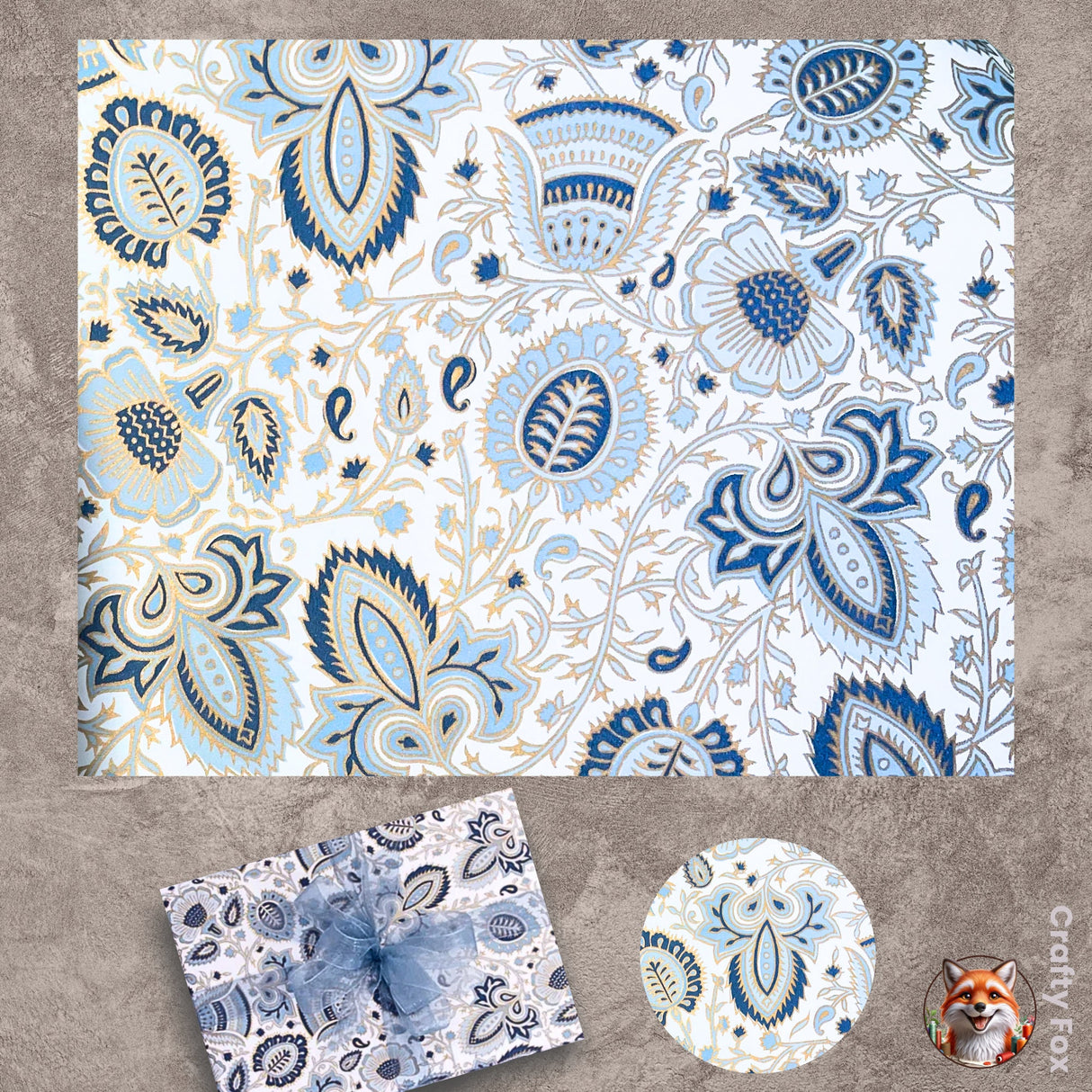 Bellflower Blue & Gold Foil Gift Wrapping Paper 80gsm - 60cm Wide