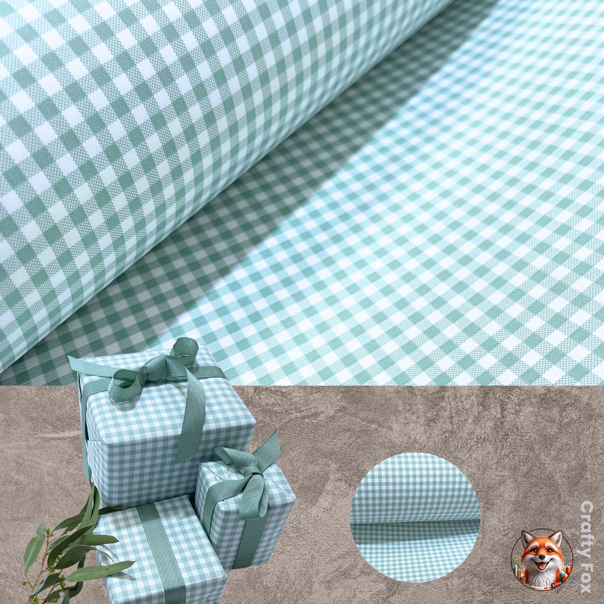 Gingham Seafoam Gift Wrapping Paper 80gsm - Eco-Friendly 60cm Wide