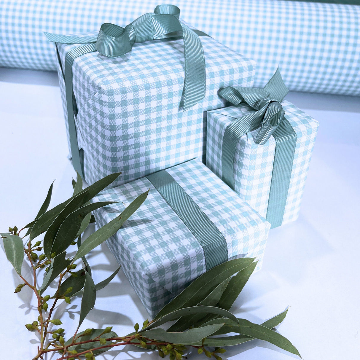 Gingham Seafoam Gift Wrapping Paper 80gsm - Eco-Friendly 60cm Wide