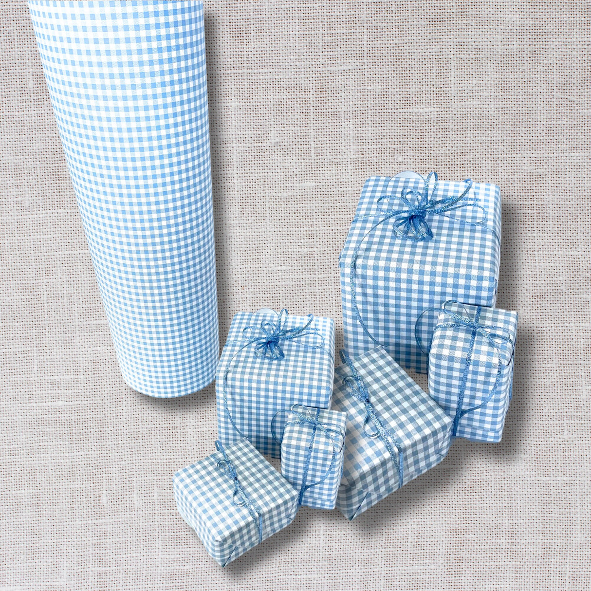 Eco-Friendly Gingham French Blue Gift Wrapping Paper - 80gsm, 60cm Wide