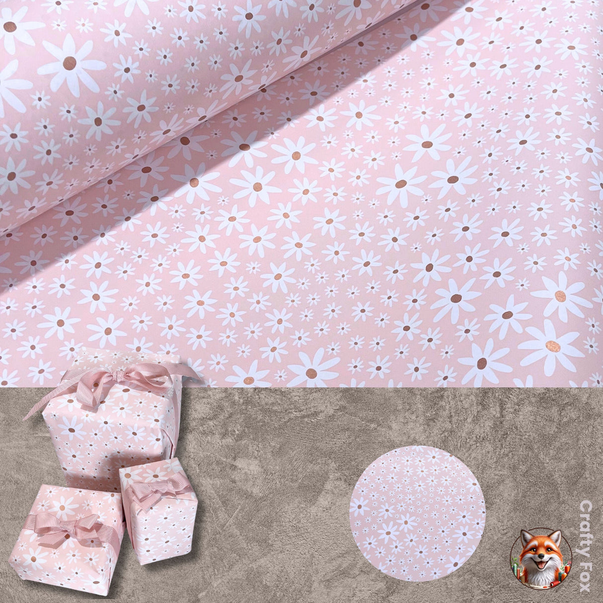 Daisy Floral Champagne Gift Wrapping Paper- 80gsm, 60cm Wide | Elegant Wrapping Solutions