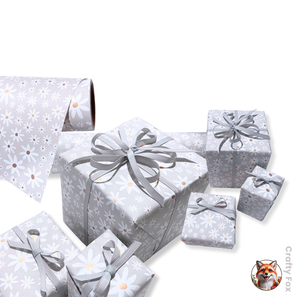 Valentines Gift wrapping paper, Daisy Grey Floral - Elegant 80gsm Wrapping Solutions | 60cm Wide