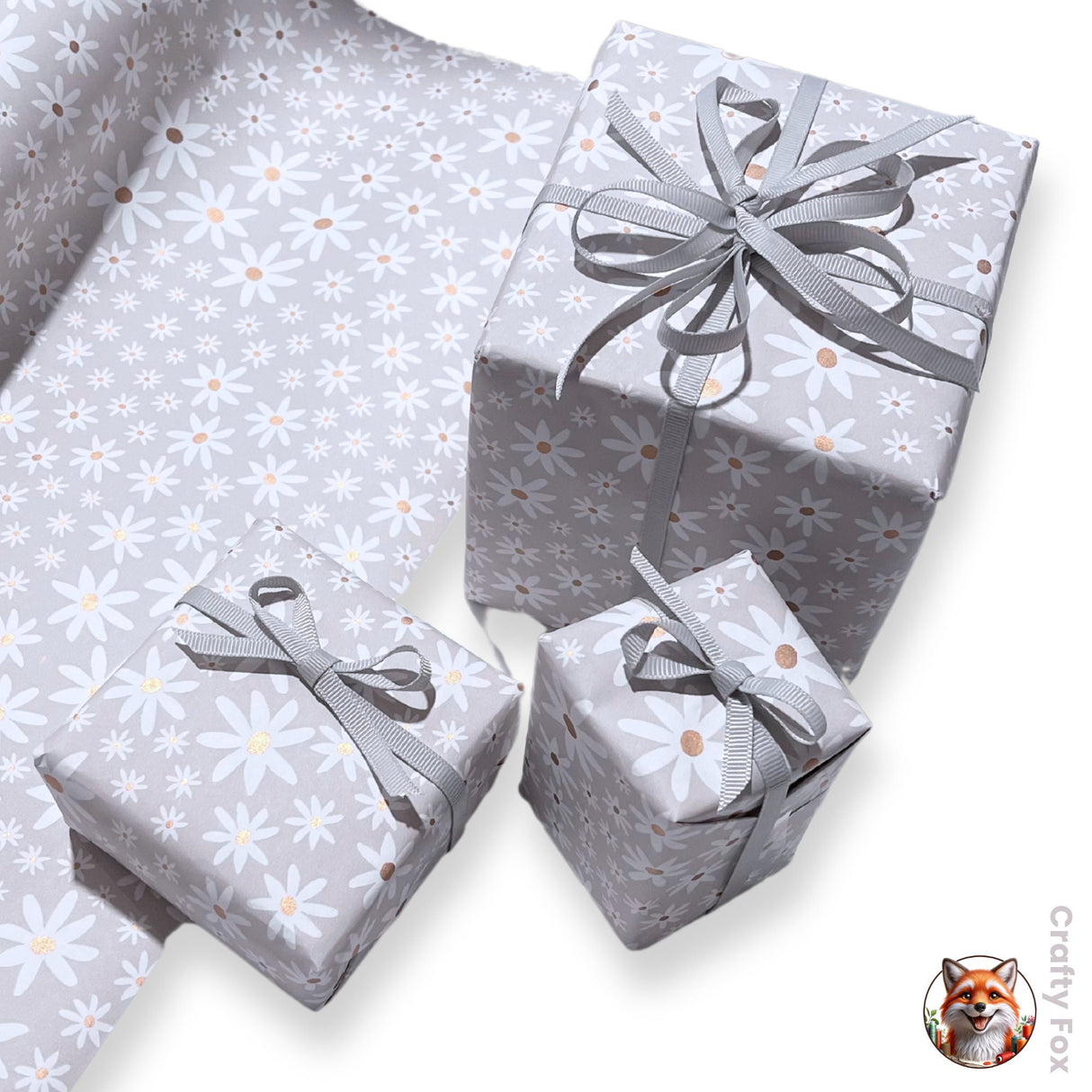 Valentines Gift wrapping paper, Daisy Grey Floral - Elegant 80gsm Wrapping Solutions | 60cm Wide