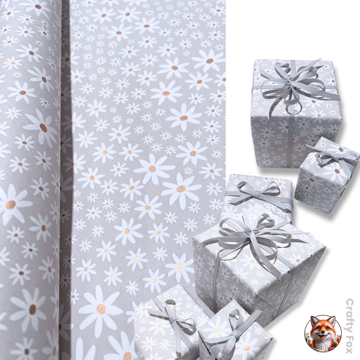 Valentines Gift wrapping paper, Daisy Grey Floral - Elegant 80gsm Wrapping Solutions | 60cm Wide