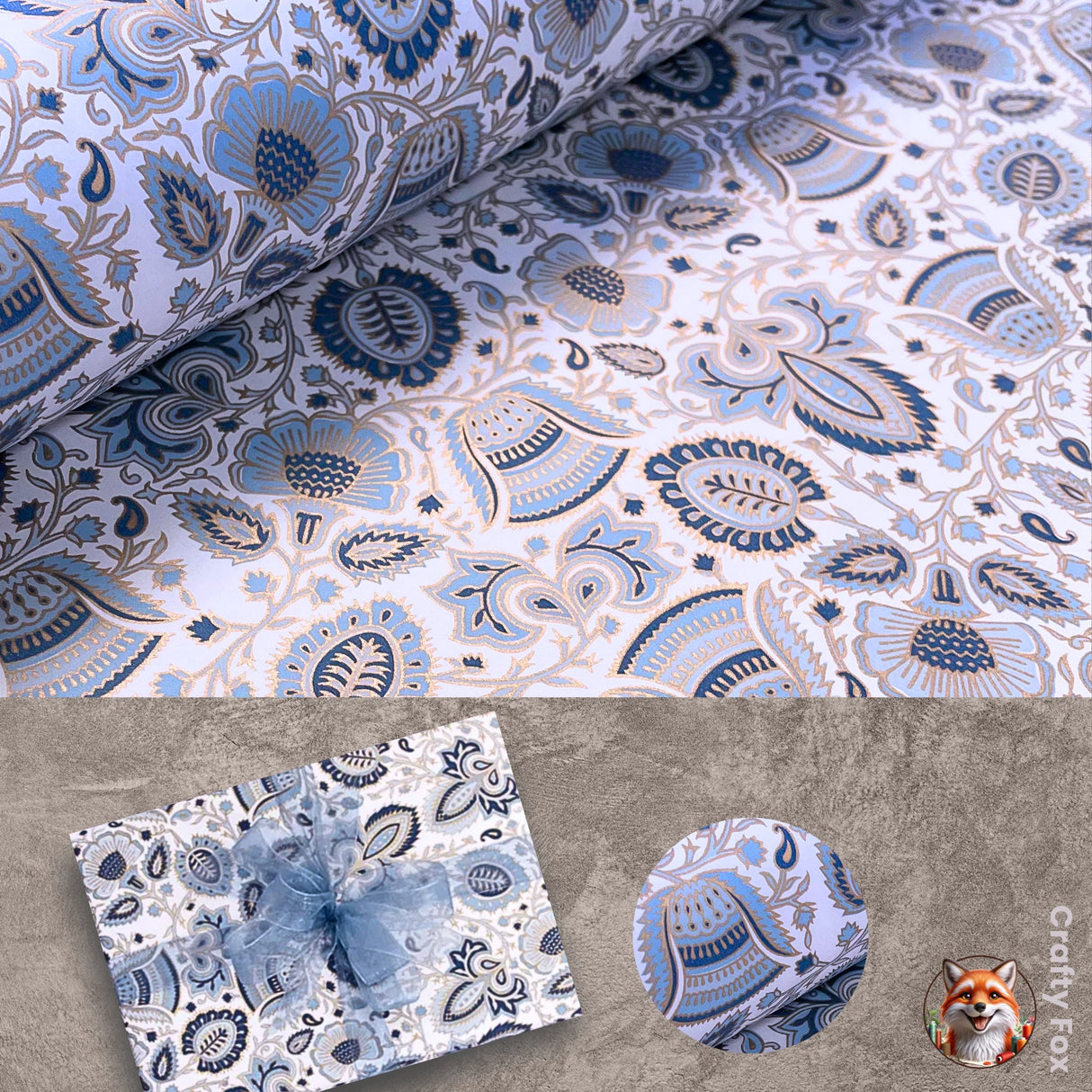 Bellflower Blue & Gold Foil Gift Wrapping Paper 80gsm - 60cm Wide