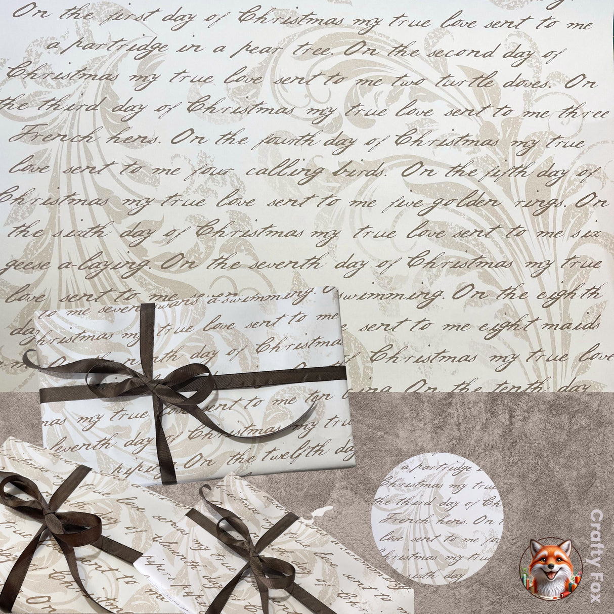 Christmas Words, 12 Days of Christmas, Fawn Gift Wrapping Paper - 60cm Wide